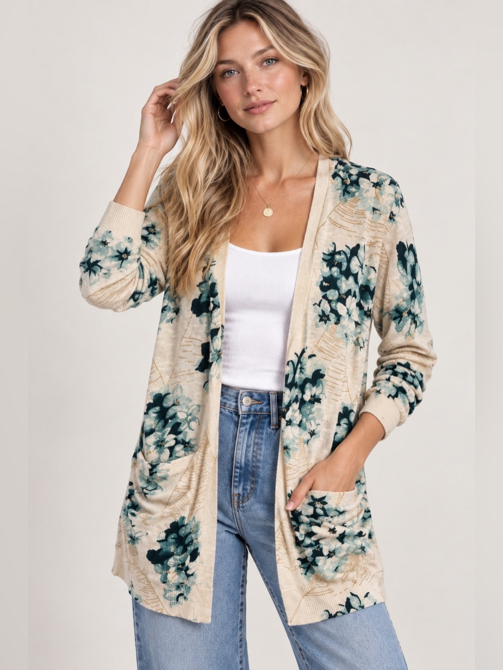 Guinevere for Anthropologie Light Cream Floral Open-Front Women's Cardigan